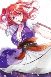  1girl alto2019 backlighting bloom breasts hair_bobbles hair_ornament highres holding holding_scythe large_breasts looking_at_viewer obi onozuka_komachi puffy_short_sleeves puffy_sleeves red_eyes redhead sash scythe short_sleeves simple_background solo touhou two_side_up white_background 