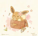  1girl :3 animal animal_focus artist_name backpack bag belt closed_mouth commentary_request eevee flower hair_flower hair_ornament happy highres keychain mian_(user_kwcj2833) no_humans petals pokemon pokemon_(creature) signature solo yamper 
