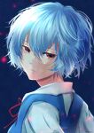  1girl ayanami_rei bangs blue_background blue_hair closed_mouth from_side hair_between_eyes highres hoi_(tanyakya) looking_at_viewer neck_ribbon neon_genesis_evangelion portrait red_eyes red_ribbon ribbon shirt short_hair solo white_shirt 