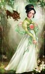  1girl aireenscolor animal avatar:_the_last_airbender avatar_(series) black_hair boar day dress facing_viewer floral_print flower grass green_eyes hair_bun long_sleeves outdoors short_hair silk standing toph_bei_fong tree wings 