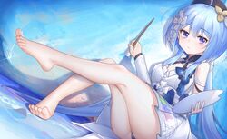  1girl absurdres ahoge barefoot black_headwear blue_hair closed_mouth dress eyebrows_visible_through_hair feet griseo hair_ornament hat highres holding holding_brush holding_palette hongshi_(13234456009) honkai_(series) honkai_impact_3rd long_hair looking_at_viewer off-shoulder_dress off_shoulder paintbrush palette_(object) panties shadow soles solo toes underwear 