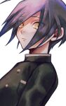  1boy ahoge bangs black_hair breast_pocket brown_eyes buttons danganronpa_(series) danganronpa_v3:_killing_harmony eyebrows_visible_through_hair grey_background highres jacket long_sleeves looking_at_viewer male_focus multicolored_hair nuko_(aoneko_0324) pocket purple_hair saihara_shuuichi short_hair solo upper_body 