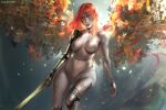  1girl amputee breasts bug butterfly completely_nude elden_ring floating_hair highres holding holding_sword holding_weapon long_hair looking_at_viewer malenia_blade_of_miquella malenia_goddess_of_rot navel nude prosthesis prosthetic_arm prosthetic_leg ragecndy redhead simple_background solo sword very_long_hair weapon wings yellow_eyes 