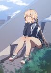  1girl bare_legs blue_archive clouds hair_flaps halo hifumi_(blue_archive) highres huan_(hao7551789) jersey light_brown_hair long_hair looking_at_viewer low_twintails plant shoes short_shorts shorts sitting sitting_on_stairs sky sneakers solo sportswear stairs thighs twintails yellow_eyes 