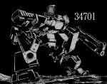  armored_core black_background dual_wielding greyscale gun highres holding holding_gun holding_weapon looking_ahead mecha miaawa monochrome no_humans one-eyed science_fiction solo standing weapon 