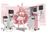  1girl absurdres animal animal_ears background_text bandaged_leg bandages bow clipboard computer english_commentary english_text eyebrows_visible_through_hair frills frown glasses hair_bow headphones highres holding holding_clipboard holding_syringe kalle21 long_hair nurse original pink_hair rabbit rabbit_ears rabbit_girl round_eyewear smiley_face solo syringe two-tone_background 