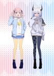  2girls asymmetrical_legwear black_horns blue_cardigan blue_eyes blue_skirt blush boots cardigan full_body fumita_bntr grey_scarf hair_ornament hairclip hood hoodie horns indie_virtual_youtuber medium_hair misato_ran multiple_girls open_cardigan open_clothes open_mouth pantyhose pink_hair scarf skirt smile sweater symbol-only_commentary twintails unohana_shiune violet_eyes white_hair white_hoodie 