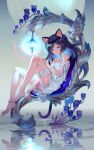  1girl animal_ears artist_name bangs banned_artist blue_eyes blue_hair breasts cat_ears cat_girl cat_tail dress flower highres knees_up lantern leaning_back leaning_on_object leg_garter medium_breasts medium_hair midori_foo original petals petals_on_liquid ripples sitting solo tail white_dress 