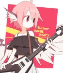  1girl aida_(aidia) animal_ears bangs bare_shoulders border clothing_request commentary_request electric_guitar eyebrows_visible_through_hair feathered_wings guitar highres holding instrument mystia_lorelei pink_eyes pink_hair short_hair solo touhou upper_body white_border wings wristband 