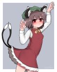  1girl absurdres animal_ears arms_up blush bow brown_hair cat_ears cat_tail chen cowboy_shot dress ear_piercing earrings green_headwear hat highres jewelry long_sleeves mob_cap multiple_tails nekomata piercing red_dress red_eyes short_hair single_earring solo tail topadori touhou two_tails 