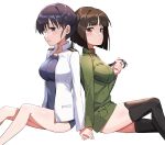  2girls back-to-back bangs black_eyes black_hair black_legwear blunt_bangs blush breasts brown_eyes brown_hair etou_toshiko from_side highres holding_another&#039;s_hair holding_hands jacket kitagou_fumika large_breasts long_hair looking_at_viewer medium_breasts medium_hair mejina military military_uniform multiple_girls ponytail school_swimsuit shiny shiny_skin swimsuit thigh-highs thighs uniform white_background white_jacket world_witches_series 