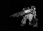  absurdres armored_core black_background gun head_tilt highres holding holding_gun holding_weapon looking_at_viewer mecha miaawa monochrome science_fiction solo spot_color visor weapon 
