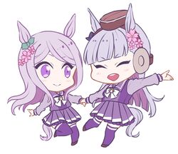  2girls :d animal_ears bangs bow chibi closed_mouth enonko flower full_body gold_ship_(umamusume) hair_bow hair_flower hair_ornament holding holding_weapon horse_ears horse_girl horse_tail long_hair long_sleeves mejiro_mcqueen_(umamusume) multiple_girls necktie open_mouth pink_flower purple_hair purple_legwear purple_skirt school_uniform simple_background skirt smile tail thigh-highs umamusume violet_eyes weapon white_background white_necktie 