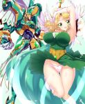 1girl airborne armpits arms_up bangs blonde_hair boots breasts cape curvy dress eyebrows_visible_through_hair fantasy female gloves glowing glowing_eye green_dress green_eyes head_tilt highres holding holding_sword holding_weapon hououji_fuu large_breasts long_sword looking_at_viewer magic_knight_rayearth mashin mecha mechanical_wings oobari_masami_(style) orange_eyes panties parted_bangs pink_panties short_hair smile sword thighs underwear weapon white_background white_footwear white_gloves windam_(rayearth) wings yakisoba_(kaz2113)