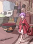  1girl :o absurdres barefoot bowl hat hat_removed headwear_removed highres indoors japanese_clothes kimono looking_at_viewer minigirl obi open_mouth purple_hair sash short_hair solo sukuna_shinmyoumaru toes touhou vanilla_flan violet_eyes walking 