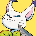  :3 blue_eyes cat digimon digimon_(creature) digimon_adventure fang half-closed_eyes hands_up highres knife knife_cat_(meme) looking_at_viewer meme no_humans nui_(nuitt) simple_background smile smug tailmon whiskers yellow_background 