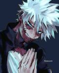  1boy alternate_eye_color alternate_hair_color artist_name black_jacket blue_background blue_eyes boku_no_hero_academia burn_scar cheek_piercing dabi_(boku_no_hero_academia) evil_grin evil_smile grin highres jacket looking_at_viewer male_focus multiple_scars own_hands_together piercing scar scar_on_neck sharl0ck smile solo spiky_hair spoilers staple stapled symbol-only_commentary todoroki_touya white_hair 
