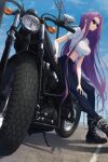  1girl black_footwear black_pants blue_sky boots breasts closed_mouth day denim eyewear_on_head fate/stay_night fate_(series) ground_vehicle highres ichi_yoshida jeans knee_boots large_breasts long_hair looking_to_the_side medusa_(fate) medusa_(rider)_(fate) midriff motor_vehicle motorcycle navel outdoors pants purple_hair road shirt short_sleeves sitting sky solo street tied_shirt very_long_hair violet_eyes white_shirt 