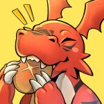  bread claws closed_eyes colored_skin digimon digimon_(creature) digimon_tamers eating facial_mark food guilmon happy highres holding no_humans notice_lines nui_(nuitt) red_skin simple_background yellow_background 