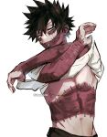  1boy artist_name black_hair blue_eyes boku_no_hero_academia burn_scar cheek_piercing clothes_lift crossed_arms dabi_(boku_no_hero_academia) highres lifted_by_self looking_at_viewer male_focus multiple_scars piercing scar scar_on_chest scar_on_face scar_on_neck sharl0ck shirt shirt_lift simple_background solo spiky_hair staple stapled stitches symbol-only_commentary toned toned_male white_background white_shirt 