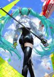  1girl ass banner black_legwear blue_hair blue_sky bodysuit cropped_jacket crossed_legs facing_away flag from_behind hatsune_miku highres holding holding_flag jacket kdm_(ke_dama) long_hair long_sleeves racing_miku racing_miku_(2022) single_thighhigh sky solo thigh-highs twintails vocaloid watson_cross white_jacket 