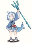  1girl :3 animal_hood blue_eyes fish_tail full_body gawr_gura highres hololive hololive_english hood polearm shark_girl shark_hood shark_tail silver_hair smile solo tail tonton_(tonz159) trident virtual_youtuber weapon 