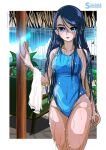  1girl blue_eyes blue_hair blue_sky blue_swimsuit breasts clouds competition_swimsuit cowboy_shot groin highres long_hair looking_at_viewer medium_breasts minazuki_karen one-piece_swimsuit pole precure sky solo standing swimsuit takaishi_fuu towel wet wet_clothes wet_swimsuit yes!_precure_5 