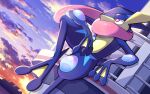  bright_pupils clouds commentary_request fence from_below greninja no_humans outdoors pink_eyes pokemon pokemon_(creature) pon_yui sitting sky solo tongue white_pupils 