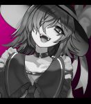  1girl :d absurdres collarbone empty_eyes frills gradient gradient_background greyscale hair_over_one_eye half-closed_eyes hat highres komeiji_koishi medium_hair mikomo0106 monochrome open_mouth purple_background simple_background smile solo teeth touhou upper_body 