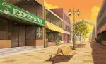  bench brand_name_imitation building cityscape clouds commentary door lamppost no_humans orange_sky original outdoors scenery shadow shop shopping_district sky starbucks sunset tile_floor tiles tree user_peo4941 window 