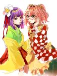  2girls adjusting_eyewear apron bangs bell blunt_bangs bow character_name checkered checkered_clothes checkered_kimono closed_mouth clothes_writing commentary_request eyebrows_visible_through_hair eyelashes flower frilled_apron frills glasses gold green_kimono green_skirt hair_bell hair_flower hair_ornament hair_ribbon hieda_no_akyuu highres japanese_clothes jingle_bell kimono kuya_(hey36253625) long_sleeves motoori_kosuzu multiple_girls orange_eyes orange_hair parted_lips purple_hair red_bow red_skirt ribbon romaji_text round_eyewear simple_background sketch skirt smile touhou violet_eyes white_background white_flower wide_sleeves yellow-framed_eyewear yellow_apron yellow_kimono 