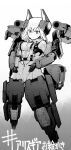  1girl absurdres alice_gear_aegis bangs blush bodysuit breasts eyebrows_visible_through_hair greyscale hands_on_own_thighs highres long_hair looking_down mecha_musume medium_breasts miaawa monochrome plump rita_henschel shoulder_cannon solo worried 