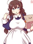  1girl alternate_costume apron artist_logo bandages blue_dress blue_eyes braid breasts brown_hair cowboy_shot dated dress eyebrows_visible_through_hair first_aid_kit hair_between_eyes hat kanon_(kurogane_knights) kantai_collection large_breasts long_sleeves looking_at_viewer noshiro_(kancolle) nurse nurse_cap one-hour_drawing_challenge open_mouth simple_background solo twin_braids white_background 