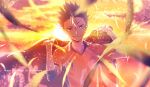  1boy bangs black_hair blonde_hair brown_eyes character_name dyed_bangs elbow_pads feathers haikyuu!! happy_birthday holding kei_(space_sonic) lens_flare looking_at_viewer male_focus motion_blur nishinoya_yuu smile solo sparkle spiky_hair sportswear sunset upper_body volleyball_uniform 