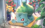  bright_pupils bulbasaur claws closed_mouth commentary_request flower flower_pot kikuyoshi_(tracco) lying no_humans on_stomach pokemon pokemon_(creature) red_eyes red_flower smile solo twitter_username white_pupils yellow_flower 