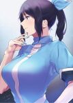  1girl black_hair blue_ribbon blue_shirt breasts closed_mouth commentary hair_ribbon hand_on_hip hand_up hibike!_euphonium highres kousaka_reina kuziaaizuk large_breasts looking_to_the_side ponytail ribbon shirt short_sleeves solo upper_body violet_eyes 