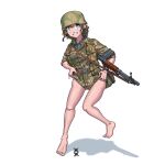  1girl :d barefoot battle_rifle blonde_hair blue_eyes camouflage camouflage_jacket camouflage_shorts clothes_pull fg42 full_moon german_army germany grin gun helmet highres jacket looking_at_viewer military military_helmet military_jacket military_uniform moon open_mouth original ostwindprojekt paratrooper rifle shadow short_hair shorts shorts_pull simple_background sleeves_rolled_up smile solo teeth toes uniform weapon white_background world_war_ii 