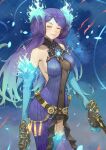  1girl blue_fire breasts brighid_(xenoblade) center_opening closed_eyes collarbone curvy dress elbow_gloves fadingz fiery_hair fire gloves hat highres large_breasts long_hair looking_at_viewer purple_dress purple_hair simple_background smile solo thigh-highs very_long_hair violet_eyes weapon whip_sword xenoblade_chronicles_(series) xenoblade_chronicles_2 