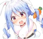  1girl animal_ears bangs blue_hair blush braid carrot_hair_ornament commentary_request eyebrows_visible_through_hair eyes_visible_through_hair food-themed_hair_ornament hair_between_eyes hair_ornament hololive houshou_marine_(artist) long_hair looking_at_viewer open_mouth orange_eyes rabbit_ears solo solo_focus twintails usada_pekora virtual_youtuber 