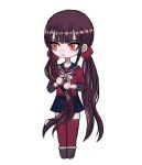  1girl bangs black_sailor_collar black_skirt bow bowtie brown_footwear brown_hair closed_mouth collarbone danganronpa_(series) danganronpa_v3:_killing_harmony full_body grey_background hair_ornament harukawa_maki highres knijla9geho6aoi long_hair long_sleeves plaid plaid_skirt red_eyes red_legwear red_scrunchie red_shirt sailor_collar scrunchie shiny shiny_hair shirt simple_background skirt thigh-highs twintails zettai_ryouiki 