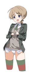  1girl ahoge ass_visible_through_thighs blue_eyes blush braid brown_hair cropped_legs eyebrows_visible_through_hair green_jacket green_necktie highres jacket lynette_bishop mejina necktie panties shirt solo steepled_fingers strike_witches striped striped_legwear sweater_vest tan_sweater thigh-highs thighs underwear white_panties white_shirt world_witches_series 