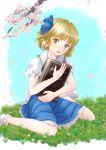 1girl alice_margatroid alice_margatroid_(pc-98) back_bow blonde_hair blouse blue_bow blue_ribbon blue_skirt blue_sky bobby_socks book bow cherry_blossoms day feet_out_of_frame frilled_skirt frills grass grimoire_of_alice hair_bow hair_ornament hair_ribbon highres holding holding_book kyabekko open_mouth outdoors ribbon short_hair short_sleeves sitting skirt sky socks solo suspenders touhou touhou_(pc-98) wariza white_blouse white_bow white_legwear yellow_eyes younger 
