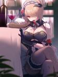  1girl alcohol asymmetrical_gloves bangs black_gloves black_legwear bottle crossed_legs cup drinking_glass flower gloves hair_flower hair_ornament hair_over_one_eye highres honkai_(series) honkai_impact_3rd indoors looking_at_viewer maid maid_headdress mismatched_gloves open_mouth pantyhose red_flower red_rose rita_rossweisse rita_rossweisse_(umbral_rose) rose short_hair sitting slyvia solo table violet_eyes wine wine_bottle wine_glass 