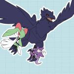  bird black_sclera blue_eyes colored_sclera commentary corviknight green_background grid_background hanging kelvin-trainerk kirlia no_humans open_mouth outline pink_eyes pokemon pokemon_(creature) red_eyes tongue toxel twitter_username watermark 