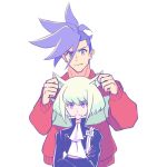  2boys androgynous animal_ears black_gloves blue_eyes blue_hair cat_boy cat_ears crossed_arms ear_grab eyebrows_visible_through_hair frown galo_thymos gloves green_hair lio_fotia looking_at_viewer male_focus mohawk multiple_boys promare red_sweater short_hair sidecut simple_background somu_ki sweater upper_body violet_eyes white_background 
