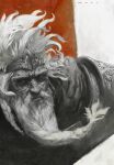  1boy absurdres armor beard closed_mouth cmxv crown elden_ring facial_hair godfrey_first_elden_lord greyscale_with_colored_background highres long_beard looking_at_viewer male_focus old old_man pauldrons portrait shoulder_armor solo 