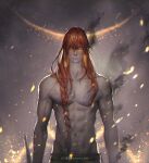  1boy braid closed_mouth elden_ring elden_ring_(object) hair_between_eyes highres kokutan_kitsunen long_hair looking_at_viewer male_focus navel radagon_of_the_golden_order redhead solo topless_male watermark yellow_eyes 