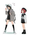  2girls :d alternate_costume bangs baseball_cap black_dress black_headwear black_legwear black_skirt black_vest blush blush_stickers breasts brown_hair chabashira_tenko danganronpa_(series) danganronpa_v3:_killing_harmony dress grey_background grey_jacket hat jacket kneehighs long_hair long_sleeves medium_breasts miniskirt mole mole_under_mouth multiple_girls nom_(cogxsb6ynjyuejp) notice_lines open_mouth pleated_skirt redhead shoes short_hair simple_background skirt smile teeth twintails upper_teeth vest white_headwear yumeno_himiko 