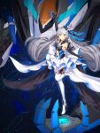  1girl arm_up artist_request bangs bare_shoulders black_gloves bronya_zaychik bronya_zaychik_(herrscher_of_reason) closed_mouth crown dress drill_hair earrings elbow_gloves full_body gloves grey_eyes grey_hair hair_ornament highres honkai_(series) honkai_impact_3rd jewelry long_hair looking_at_viewer navel project_bunny sleeveless sleeveless_dress solo thigh-highs twin_drills white_dress white_legwear 