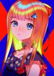  1girl artist_name bangs banned_artist blue_eyes choker colored_inner_hair eyebrows_visible_through_hair face hair_ornament highres lace-trimmed_choker lace_trim long_hair looking_at_viewer midori_foo multicolored_hair orange_hair original parted_lips sleeveless solo triangle_hair_ornament upper_body 